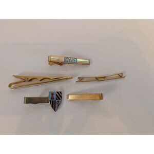 Set Of 5 Gold Tone Tie Clips With Enamel Accents & Shield Design